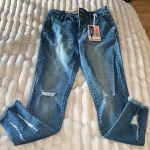 Cest Toi size 9 hi waste skinny, distressed, jeans